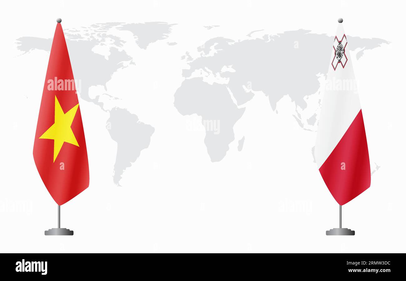 Drapeaux du Vietnam et de Malte pour la réunion officielle sur fond de carte du monde. Illustration de Vecteur