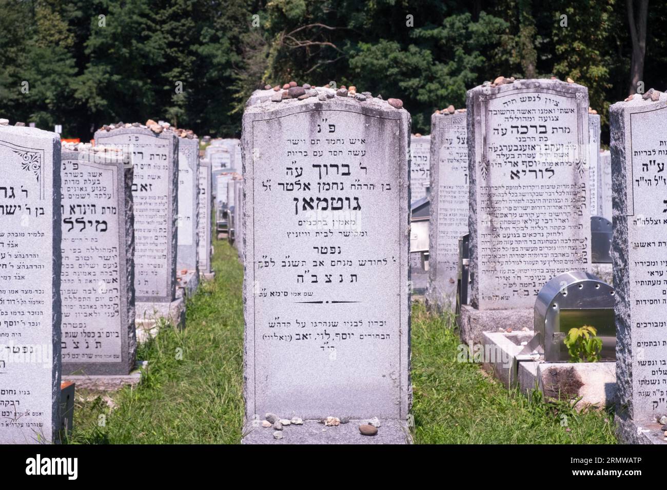 Une série de pierres tombales dans un cimetière ultra orthodoxe dans le comté de Rockland, New York. Banque D'Images
