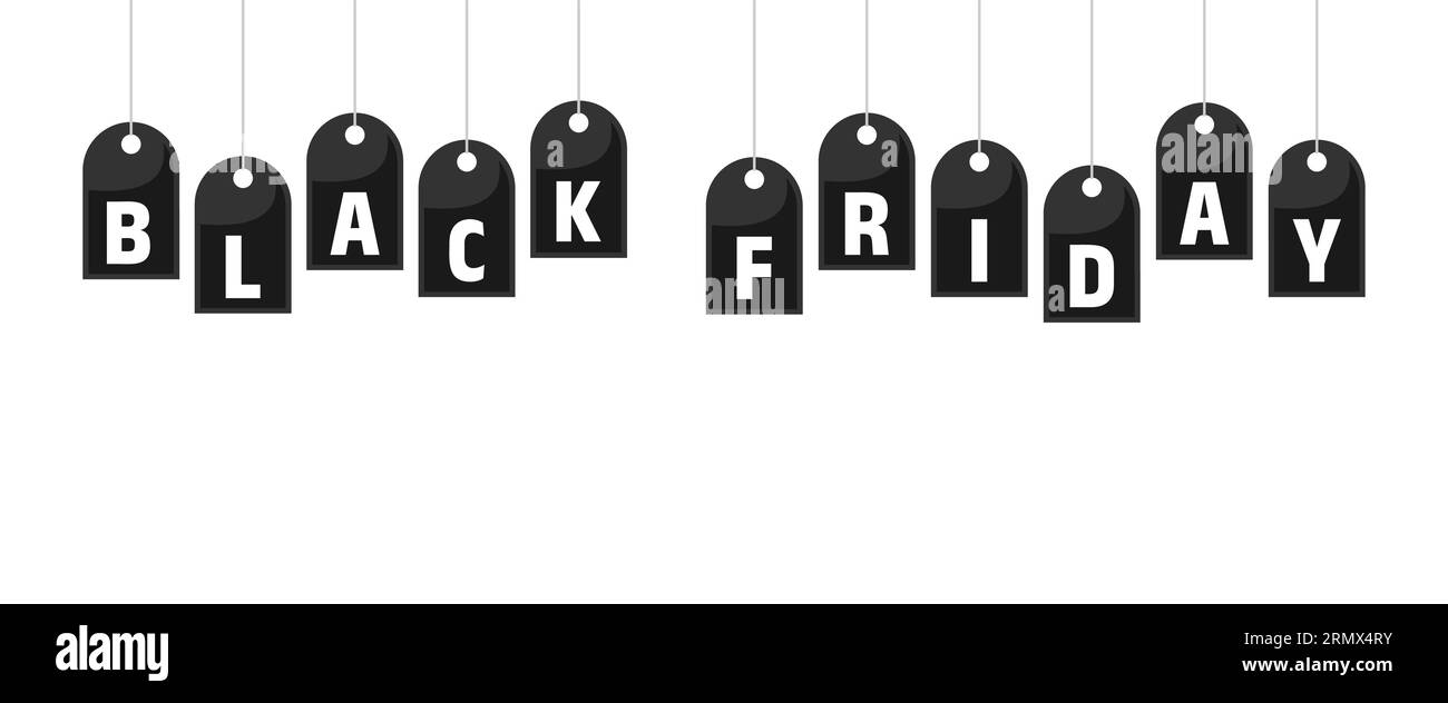 Étiquettes noires sur cordes avec le texte Black friday sur fond blanc. Bannière Black friday. Illustration vectorielle plate Illustration de Vecteur
