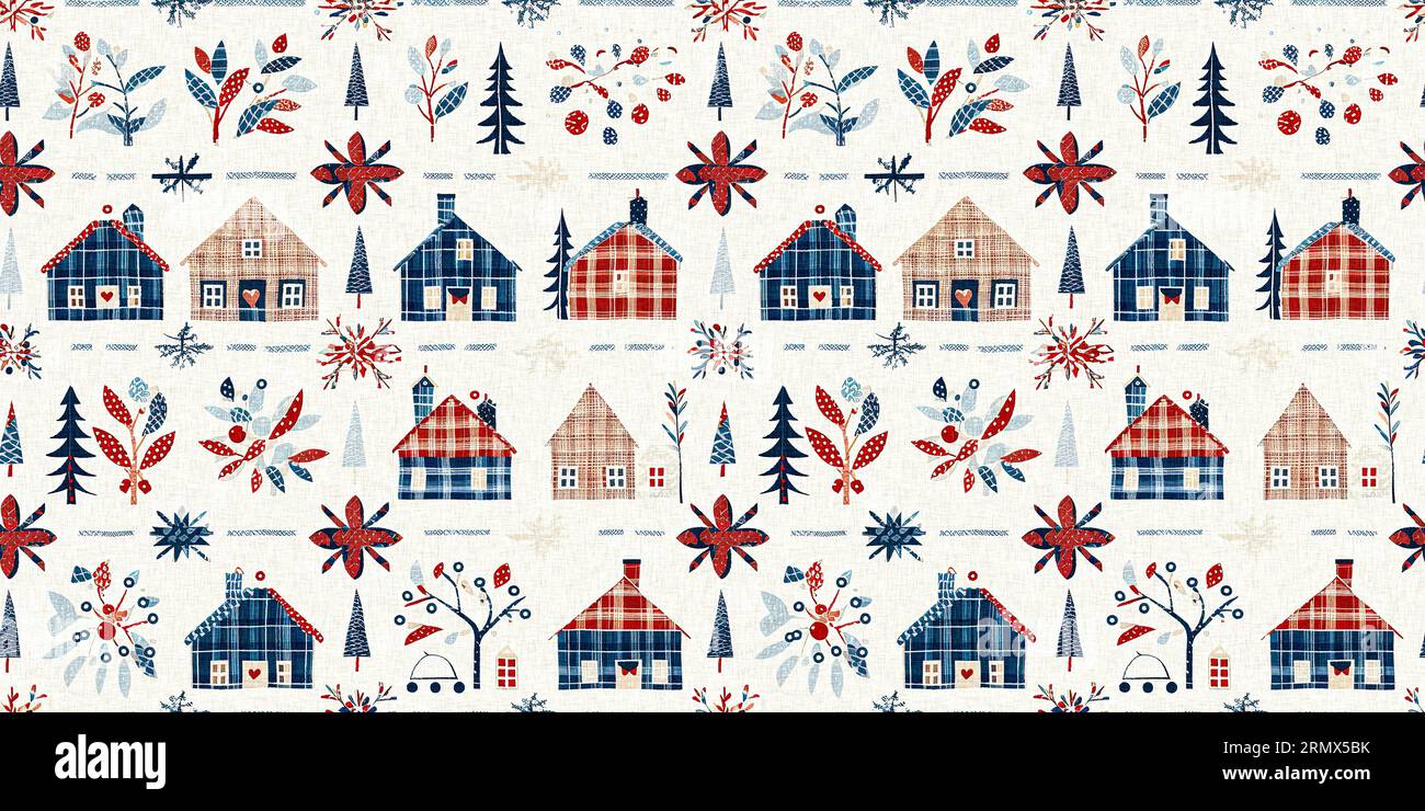 Chalet de noël rustique avec effet de tissu de couture à la main primitive. bordure. Garniture de ruban homespun chic et nostalgique douillet avec americana Banque D'Images