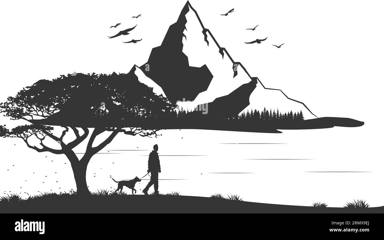 Silhouette noire des montagnes et des sapins forestiers paysage de camping paysage illustration vecteur d'icône pour logo, isolé sur fond blanc Illustration de Vecteur