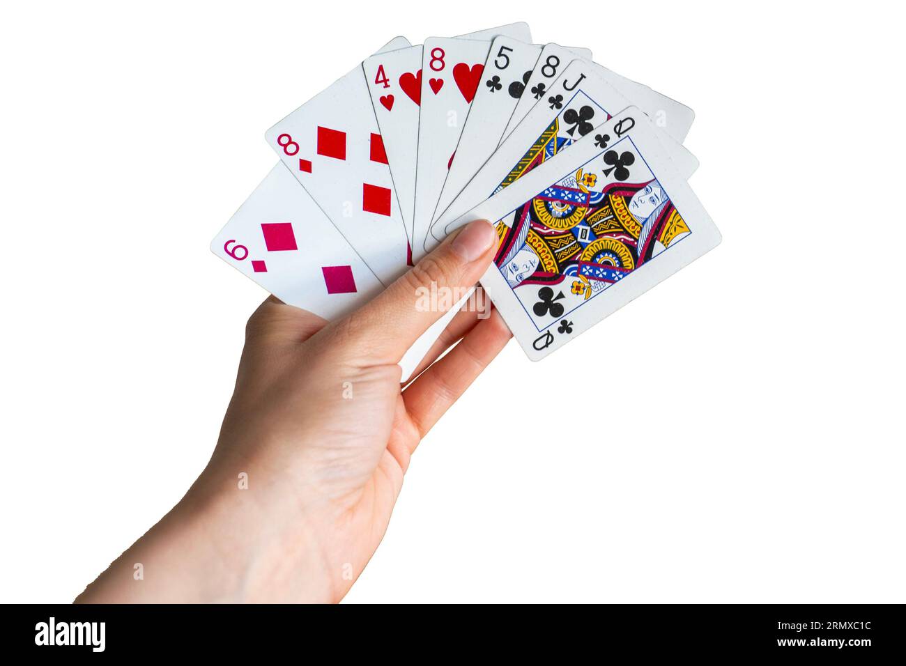 jouer avec des cartes en gros plan isolé sur fond blanc. Banque D'Images