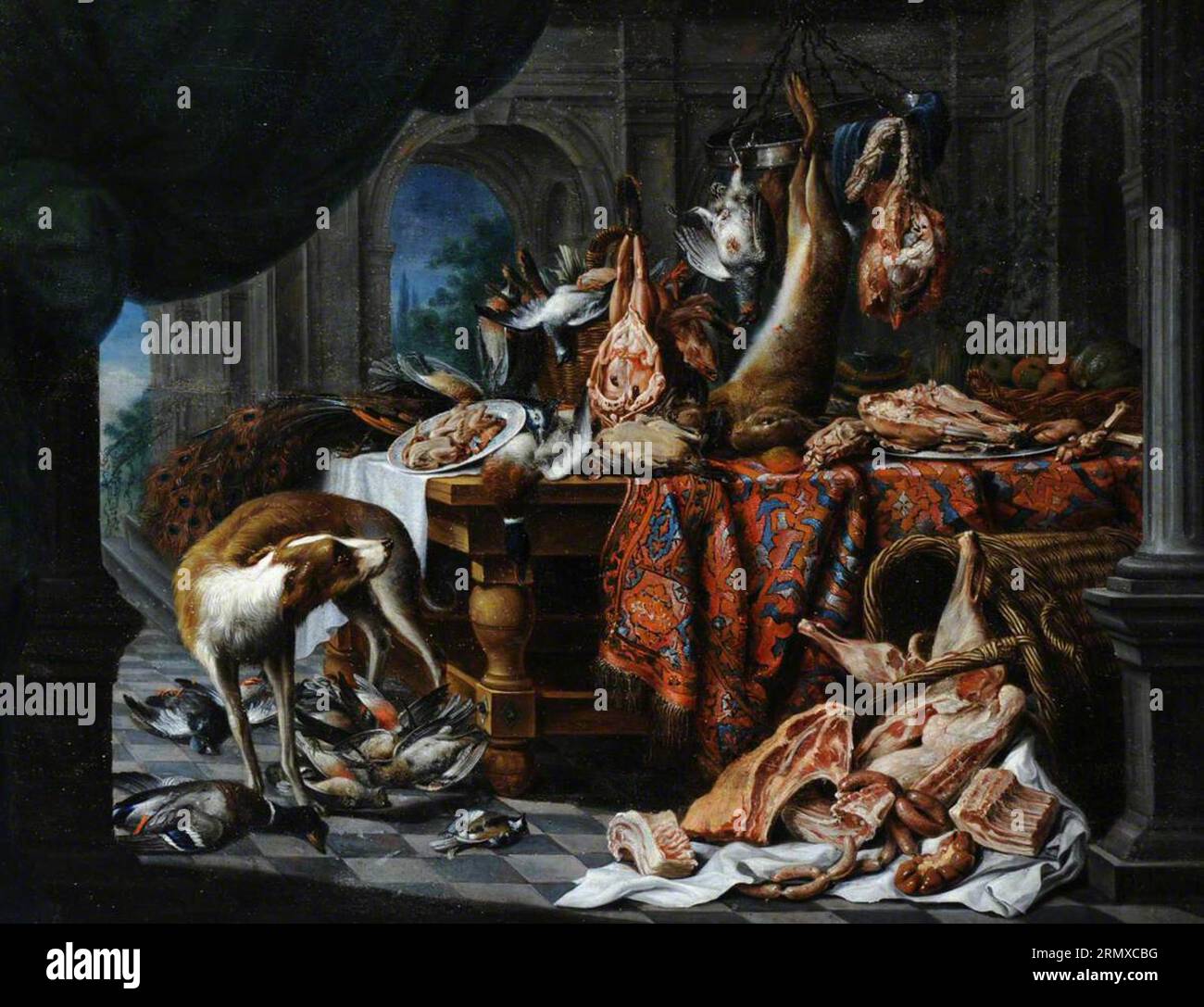 Nature morte avec des volailles mortes et des fruits entre 1670 et 1699 par Pieter Janssens Elinga Banque D'Images
