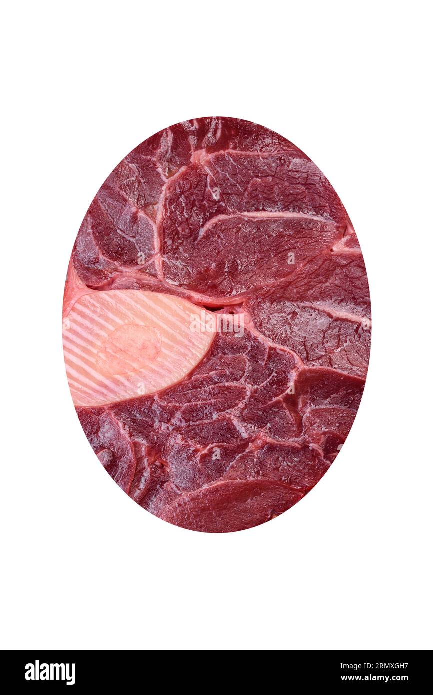 Steak d'ossobuco de bœuf frais avec sel, épices et herbes sur fond de béton texturé Banque D'Images