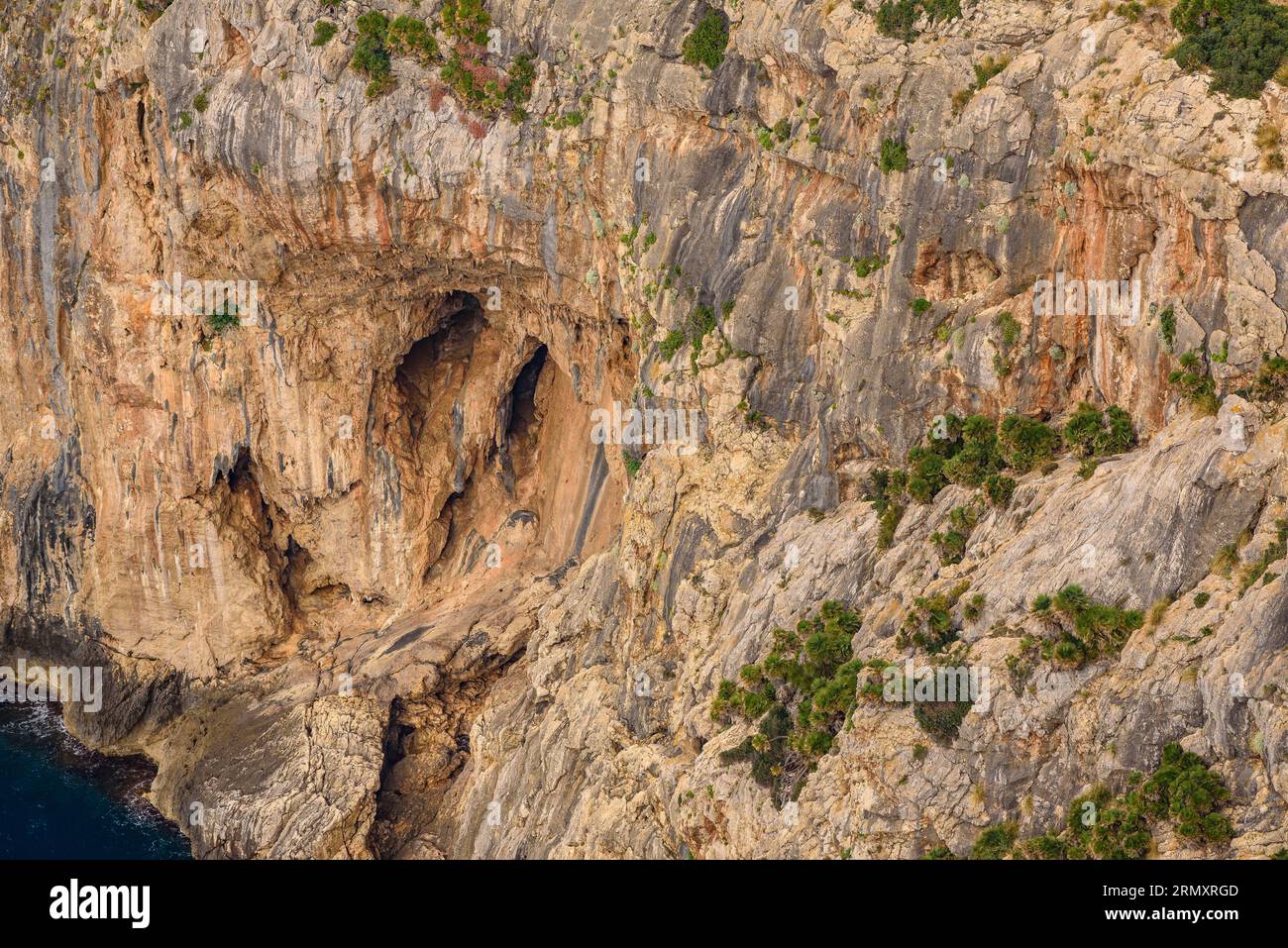 Falaises des montagnes de la Serra de Tramuntana au-dessus de la mer, vues du point de vue d'es Colomer (Majorque, Îles Baléares, Espagne) Banque D'Images