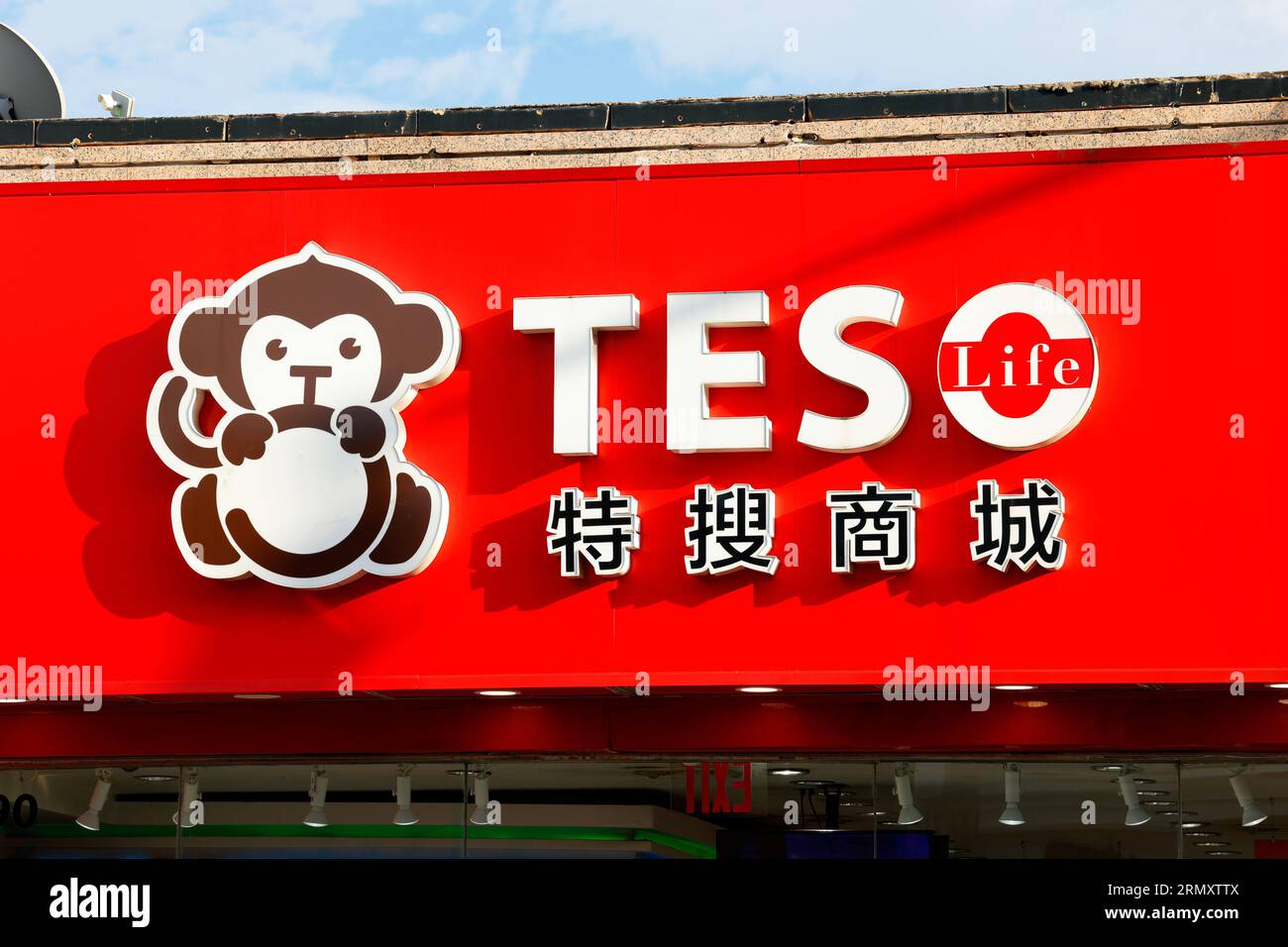 Signalisation pour Teso Life 特搜商城 dans un magasin de détail du centre-ville de Flushing, New York. 紐約 Banque D'Images