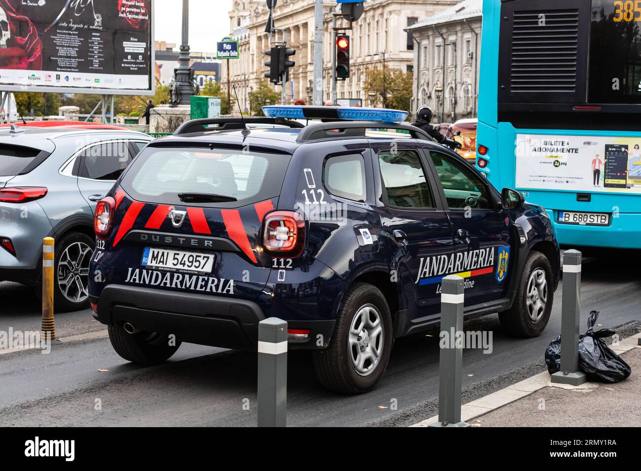 Voitures de gendarmerie (Jandarmeria), police militaire, forces spéciales roumaines. Bucarest, Roumanie, 2023 Banque D'Images