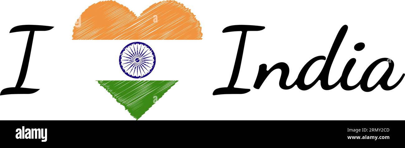 J'aime le pays Inde, texte avec coeur Doodle Illustration de Vecteur