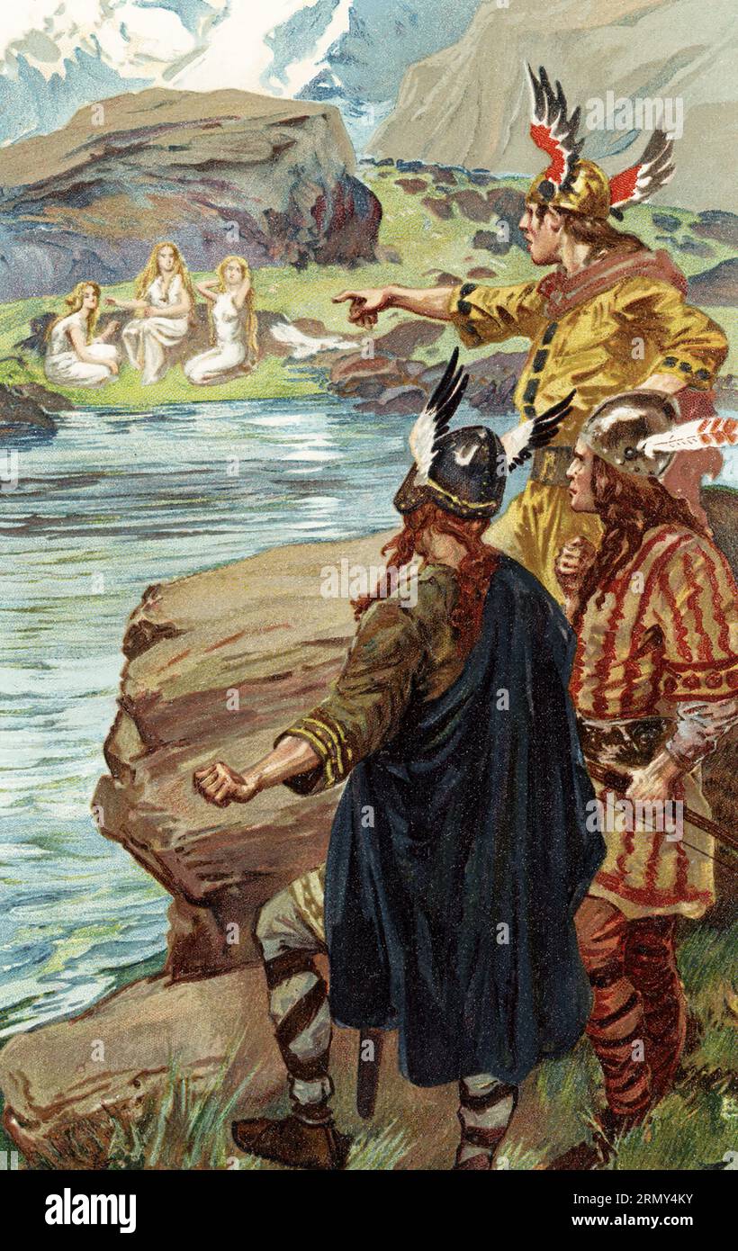 La légende du début des années 1900 se lit comme suit : « fils des fins-Slagfinn, Egil et Volund. Ils ont voyagé vers le sud en Suède et sont venus au lac à la place Wolfsdale et ont vu sur la marge du lac trois jeunes filles assis et filant du lin." Les trois frères et leurs épouses Valkyrie représentent les trois premiers âges de la quatrième humanité. Le plus âgé était Egil, l'innocent, dont les enfants devinrent les serviteurs de Thor. Le second s'appelait Slagfinn, le chasseur ; le troisième, qui dans le conte donna la graine du quatrième grand âge, était Volund, le roi elfe — l'âme de l'humanité pendant cette phase. Tôt un matin th Banque D'Images