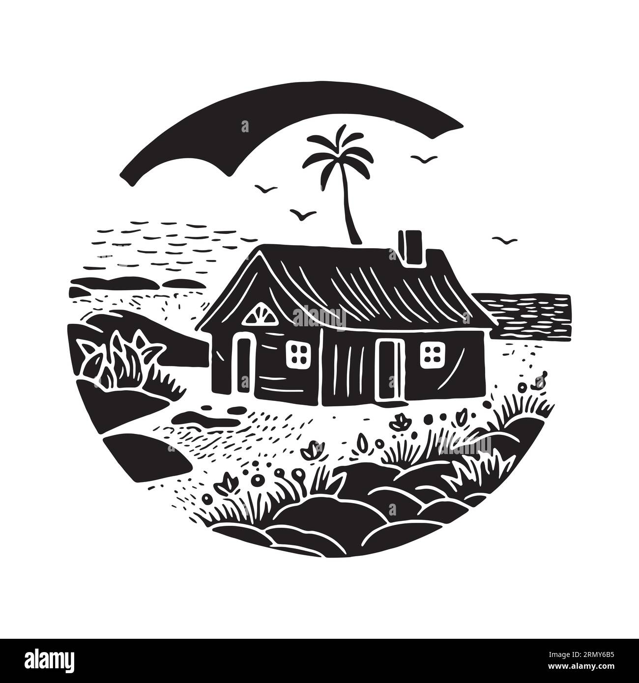 Illustration d'impression de bloc de cabane de plage fantaisiste pour le concept de voyage tropical. Vecteur maison côtière avec palmier stylisé pour les vacances. Illustration de Vecteur