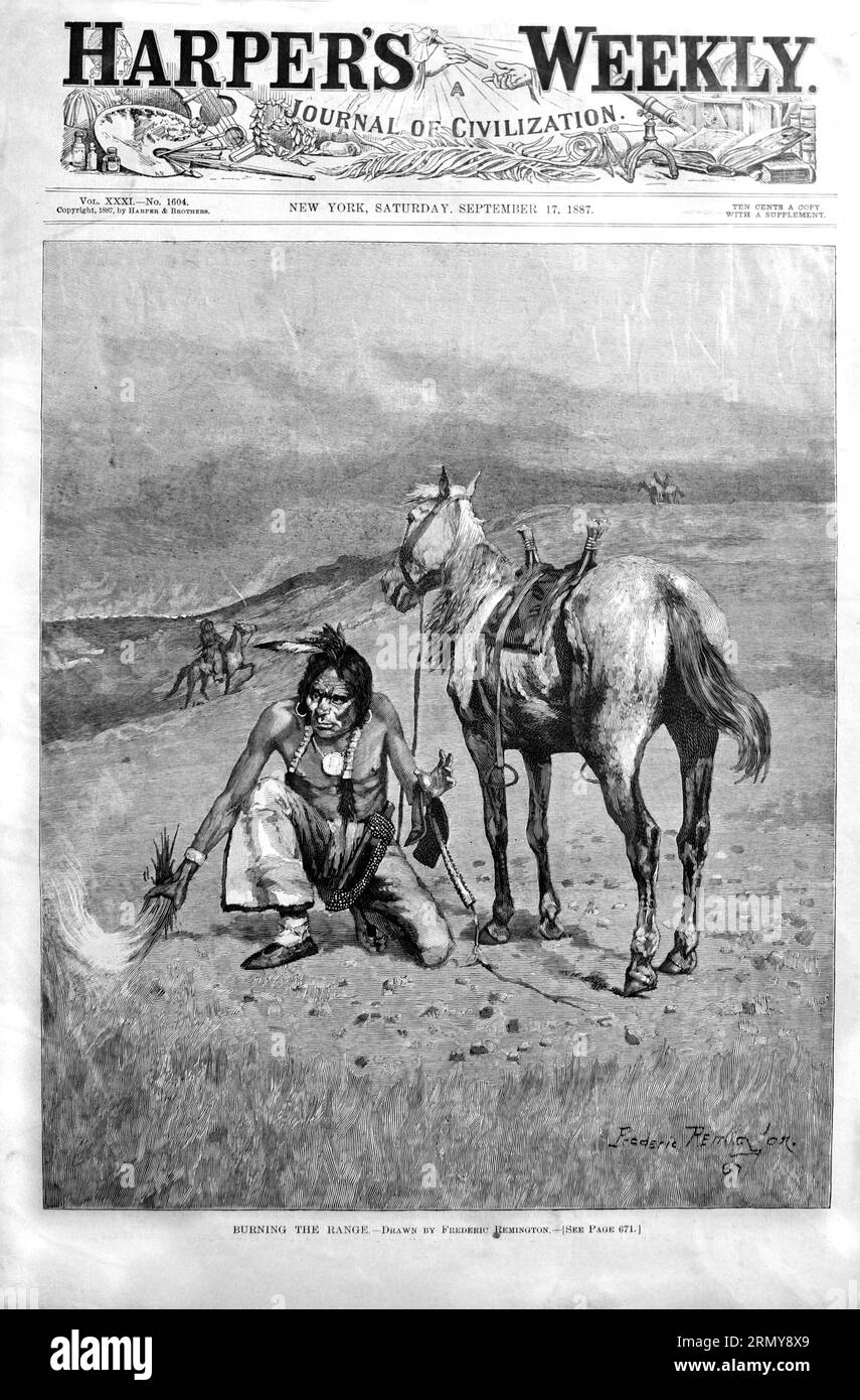 Un numéro de 1887 de Harper's Weekly avec une gravure d'un Amérindien et de son cheval par Frederic Remington sur la couverture à vendre dans un magasin d'antiquités. Banque D'Images