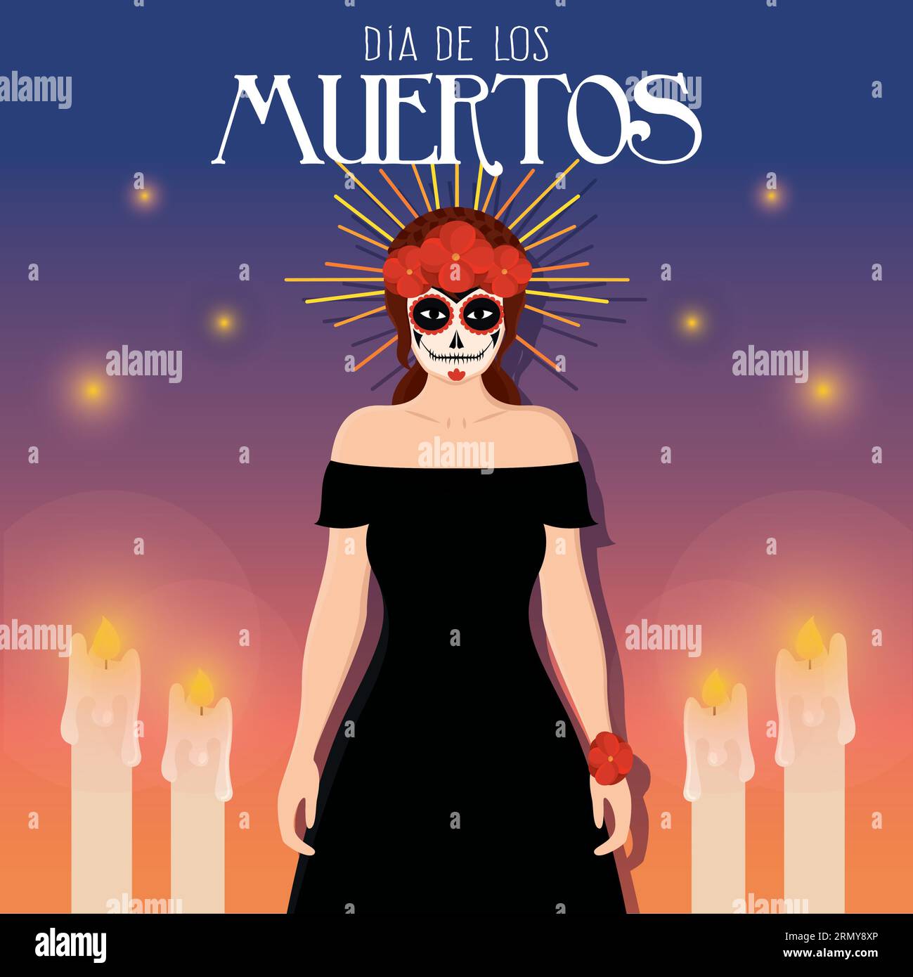 Dia de los muertos affiche avec le personnage féminin mignon Vector Illustration de Vecteur