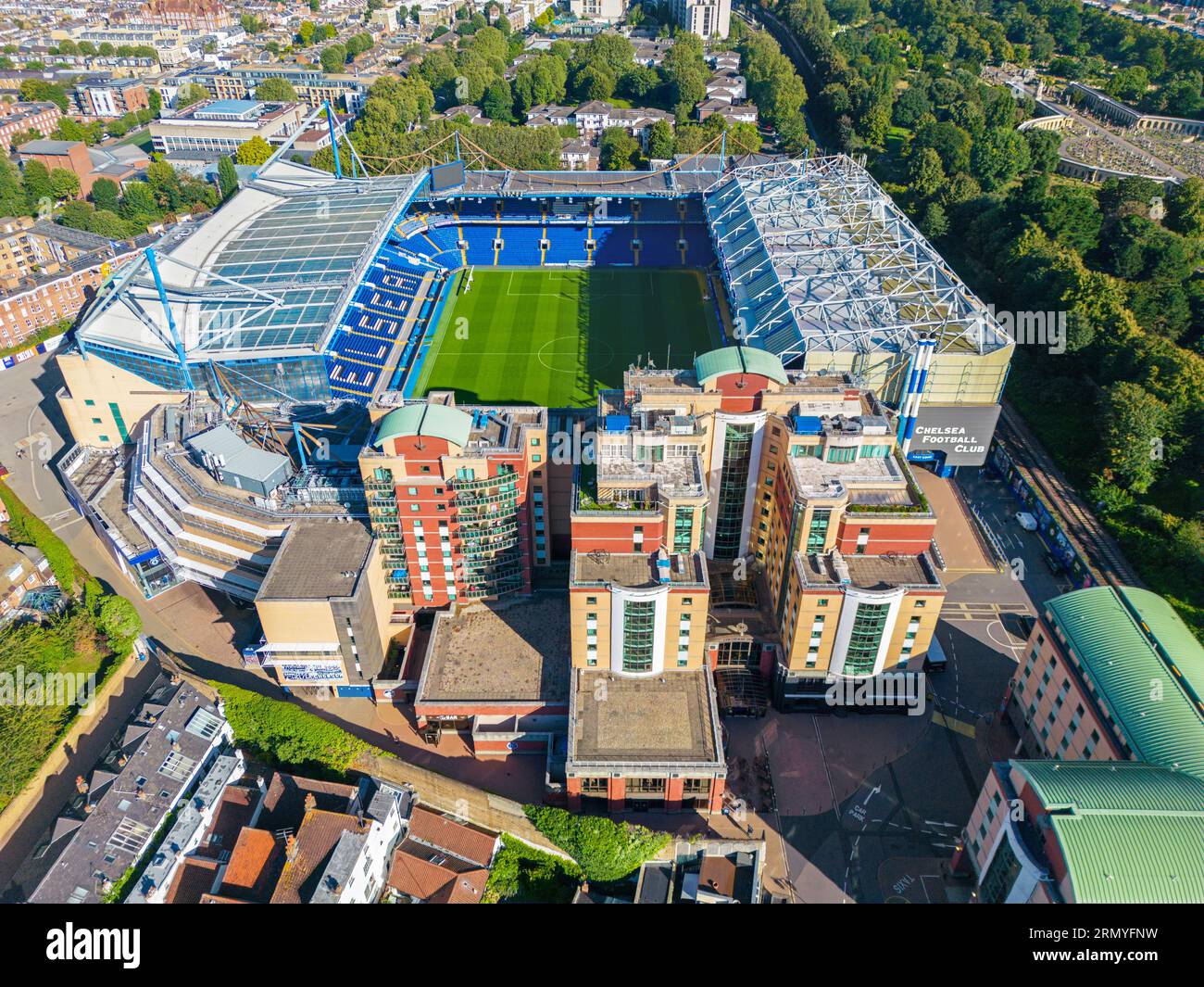 Chelsea, Londres. Royaume-Uni. 08/15/2023 image aérienne du Stamford Bridge Stadium. Chelsea football Club. 15 août 2023 Banque D'Images