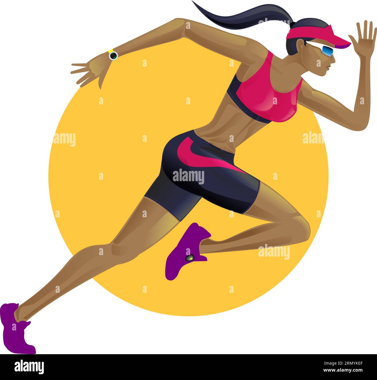 Belle femme athlétique jogging en vêtements de sport, entraînement triathlon, marathon, course à pied. Illustration de conception plate, colorée Illustration de Vecteur