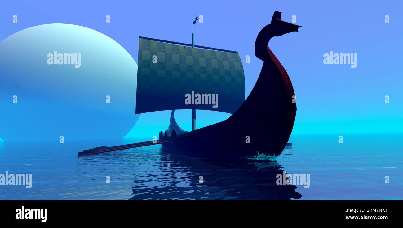Viking New Moon - Un long bateau Viking navigue vers de nouvelles rives pour le commerce et l'aventure. Banque D'Images