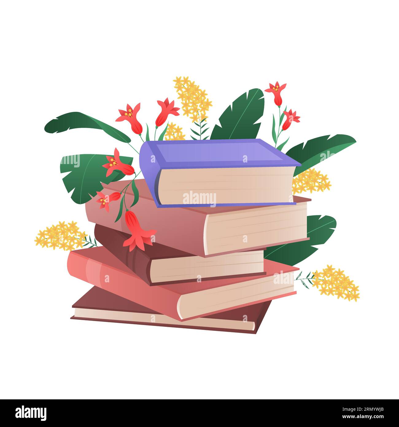 Pile de livres colorés avec des fleurs en fleurs. Amateurs de littérature, bibliothèque et librairie illustration vectorielle de dessin animé Illustration de Vecteur