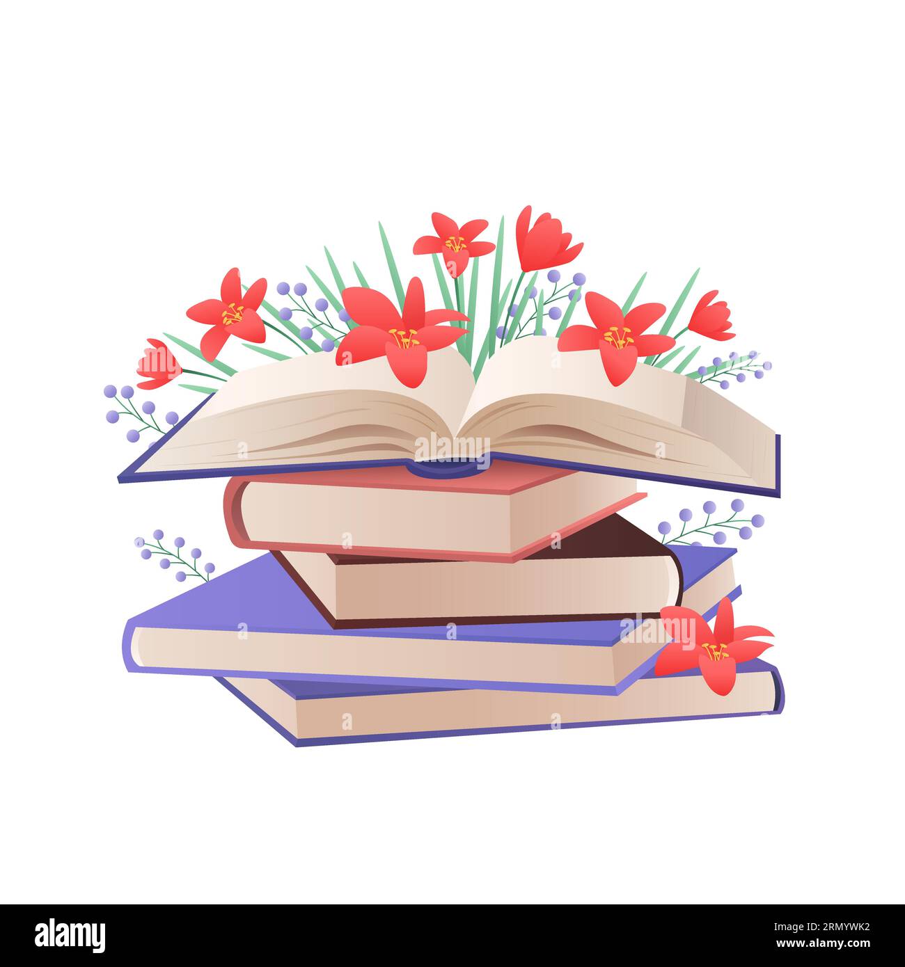 Pile de livres avec des fleurs rouges fleuries. Amateurs de lecture, bibliothèque et illustration vectorielle de dessin animé de festival de livre Illustration de Vecteur