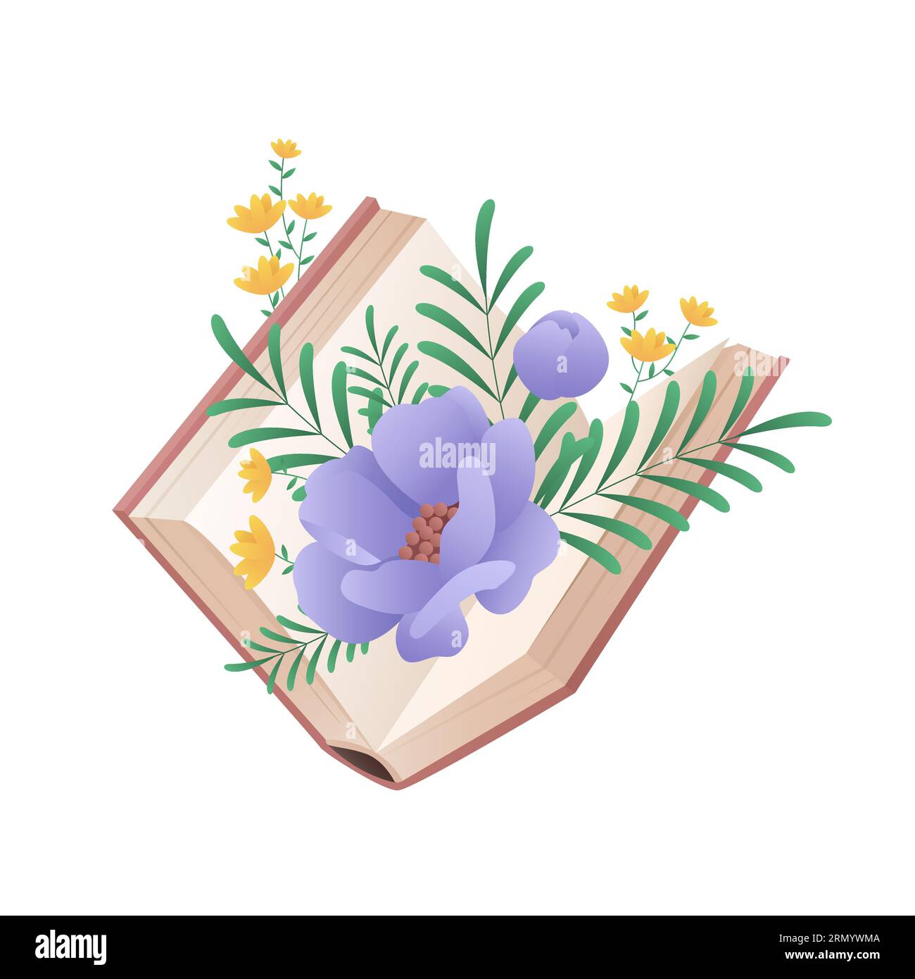 Livre ouvert avec fleur violette fleurie. Amour de la littérature, acquisition de connaissances illustration vectorielle de dessin animé Illustration de Vecteur