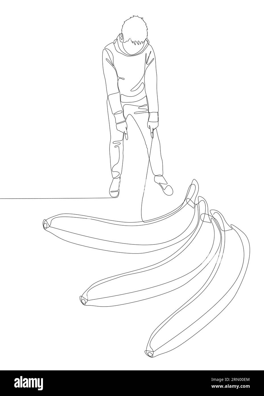 Une ligne continue d'Homme pointant du doigt vers la banane. Concept de vecteur d'illustration de ligne mince. Dessin de contour idées créatives. Illustration de Vecteur