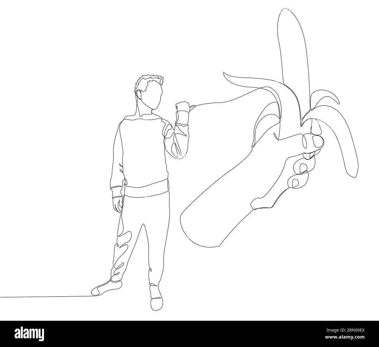 Une ligne continue d'Homme pointant du doigt vers la banane. Concept de vecteur d'illustration de ligne mince. Dessin de contour idées créatives. Illustration de Vecteur