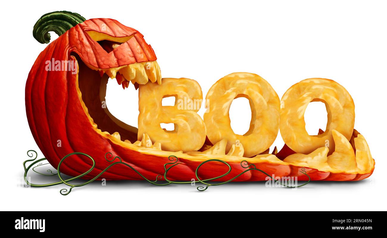 Halloween Boo Pumpkin Jack O Lantern comme un drôle de personnage orange effrayante avec du texte sculpté comme un message marketing avec une expression effrayante Banque D'Images