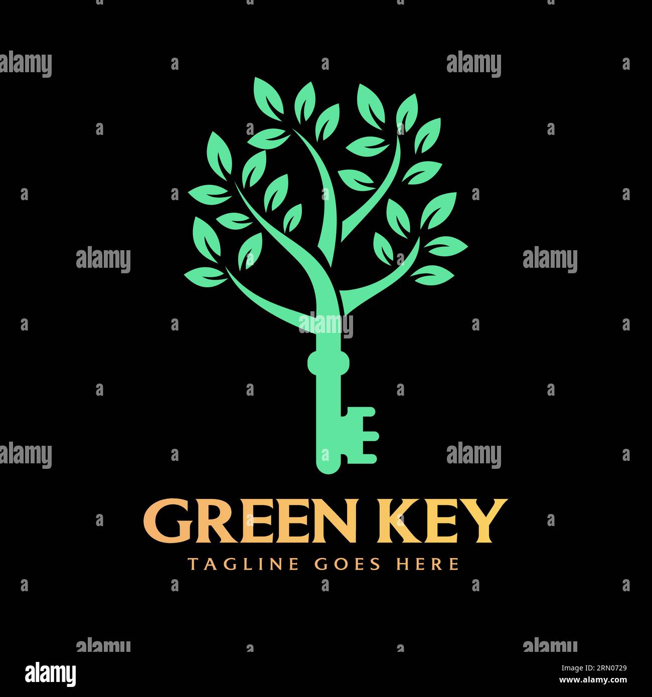 Clé avec rétro Vintage Green Leaf Tree Plant logo Vector sur fond sombre. Illustration de Vecteur