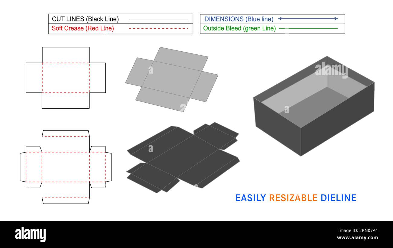 Boîte de plateau de luxe rigide ou ligne de découpe de boîte de couvercle, conception de modèle d'emballage découpé avec boîte 3D. Illustration de Vecteur