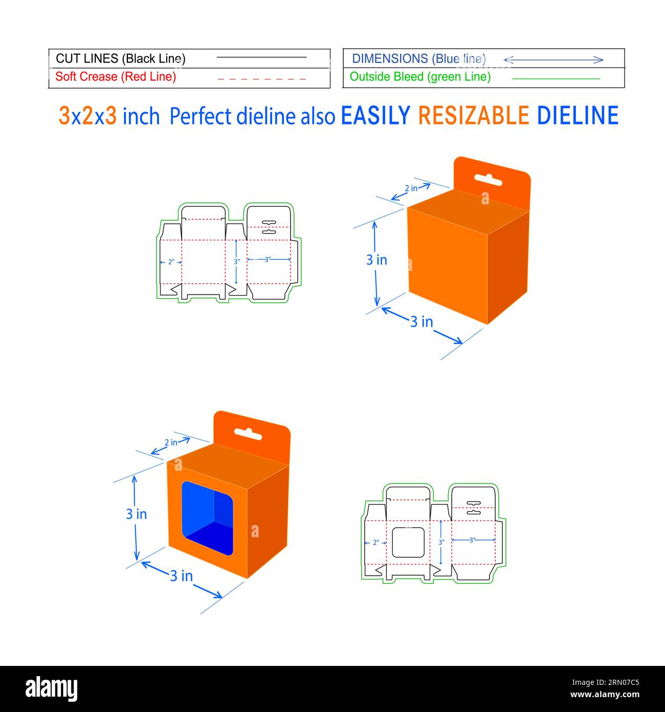 Boîte d'emballage de chargeur mobile rectangulaire en papier, boîte de fenêtre suspendue 3x2x3 pouces modèle de ligne de matrice de boîte et boîte 3D. Illustration de Vecteur