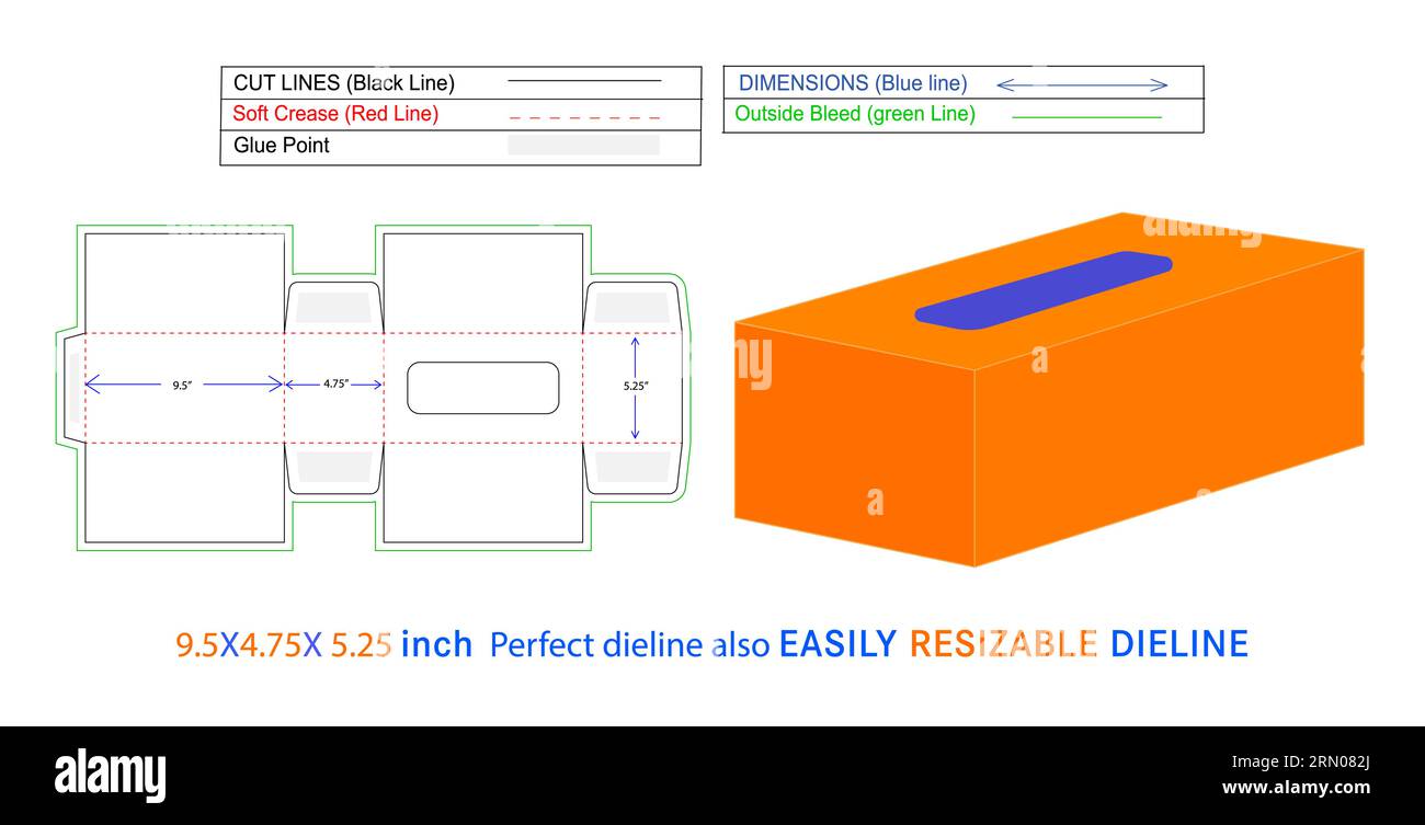 Ligne de découpe parfaite de boîte de mouchoirs et fichier vectoriel de boîte 3D 9.5x4.75x5.25 pouces ligne de découpe de boîte également redimensionnable et éditable Illustration de Vecteur