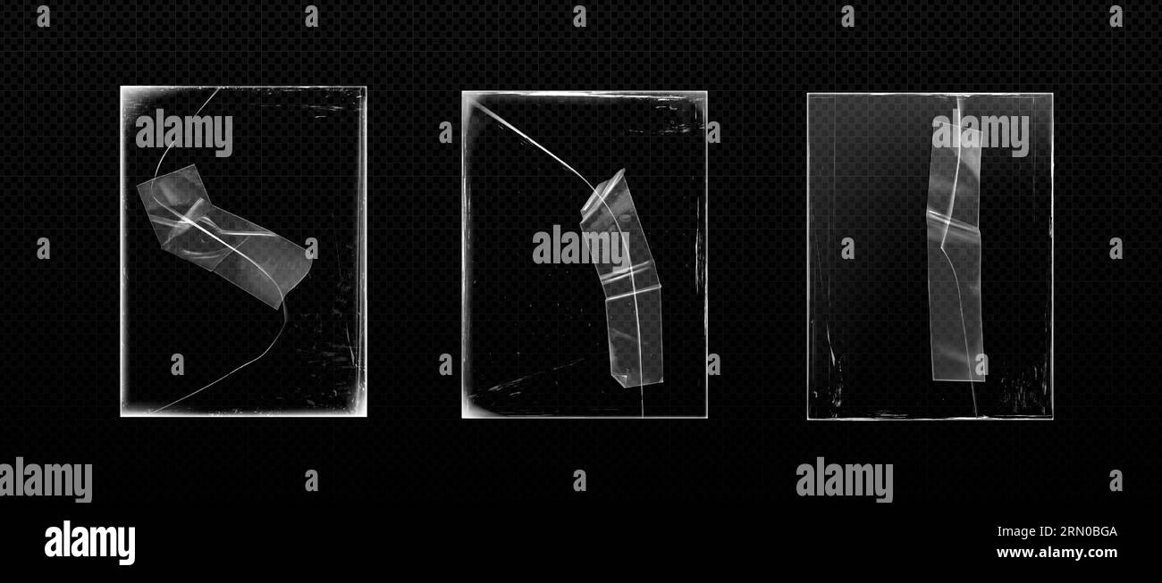 Ensemble réaliste de verre cassé avec ruban adhésif sur les fissures isolé sur fond transparent. Illustration vectorielle de fenêtre ou miroir endommagé, écran gadget réparé, vieilles rayures blanches sur les bords Illustration de Vecteur