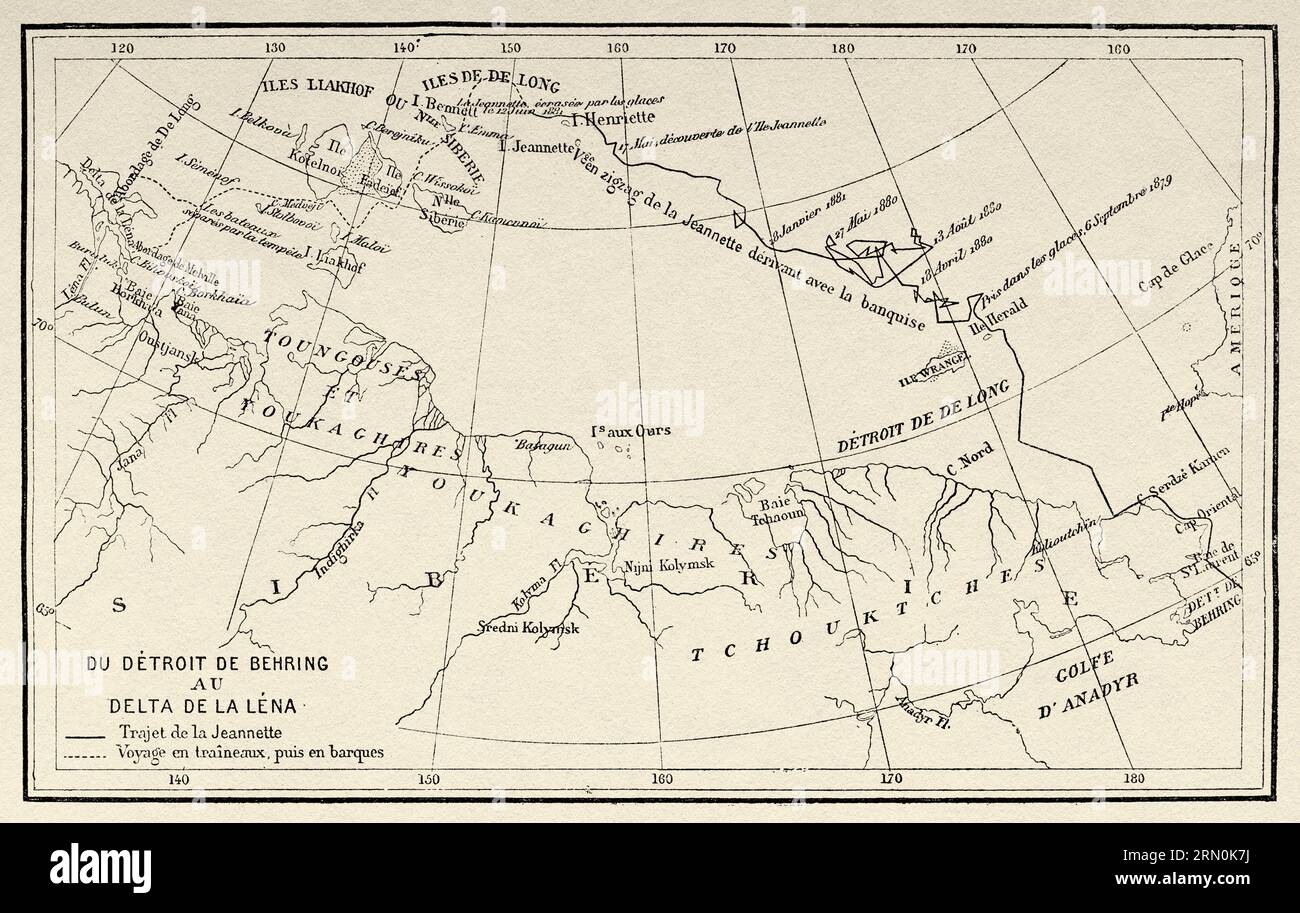 Carte du détroit de Béring au delta de Lena. L'expédition Jeannette de 1879–1881, Journal du capitaine George Washington de long 1879-1881. Ancienne gravure du 19th siècle du Tour du monde 1906 Banque D'Images