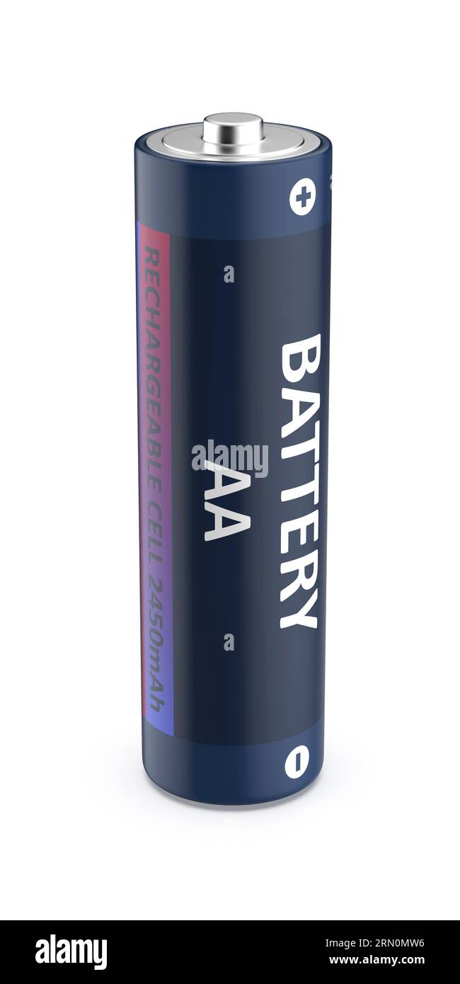Pile rechargeable de taille AA sur fond blanc Banque D'Images