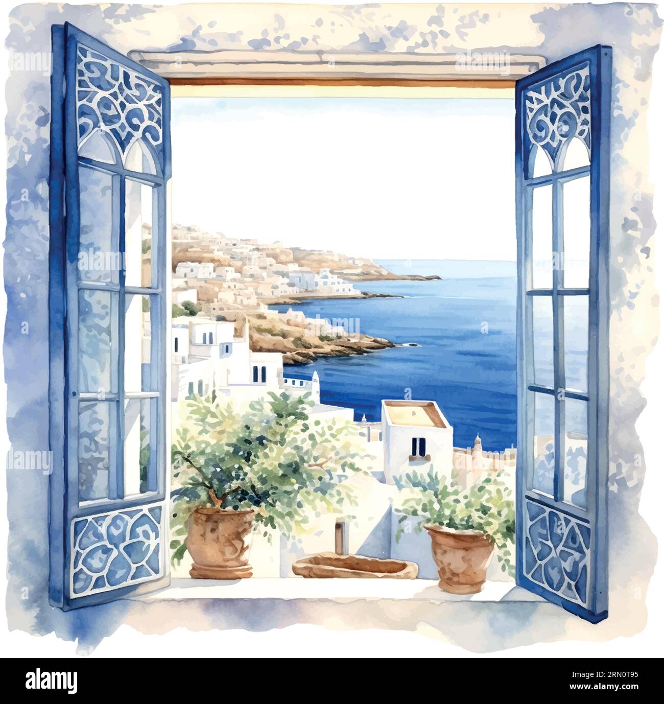 Illustration vintage avec fenêtre bleue mer grèce aquarelle Illustration de Vecteur