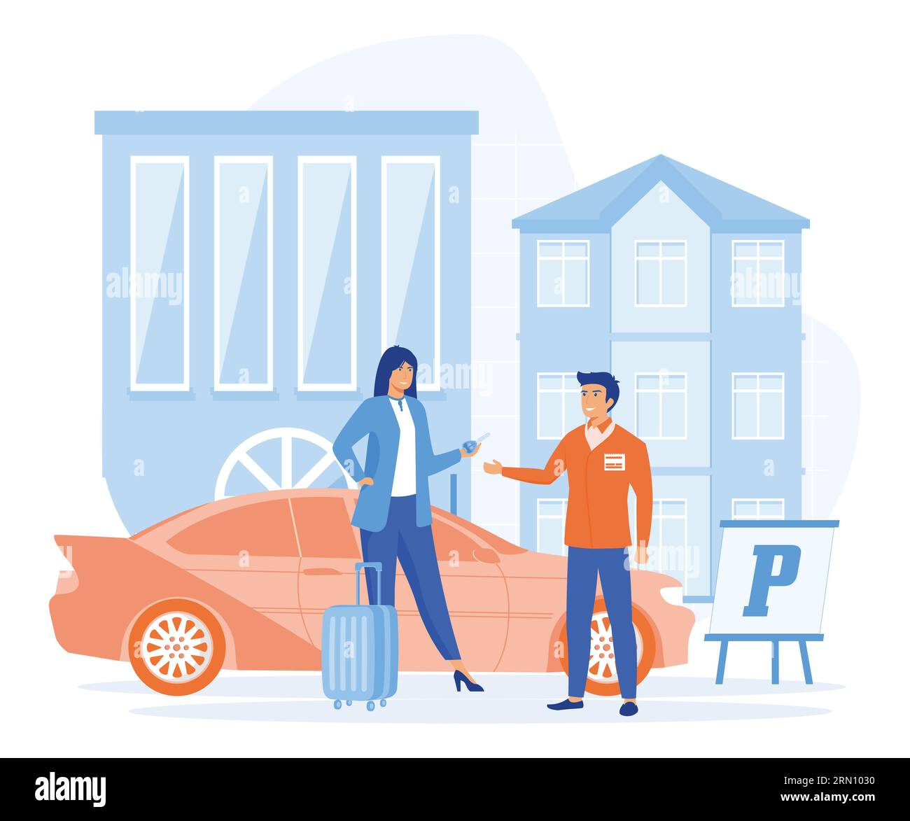 Concept de service hôtelier. le personnel du service de voiturier obtient les clés de la voiture des clients. illustration moderne vectorielle plate Illustration de Vecteur