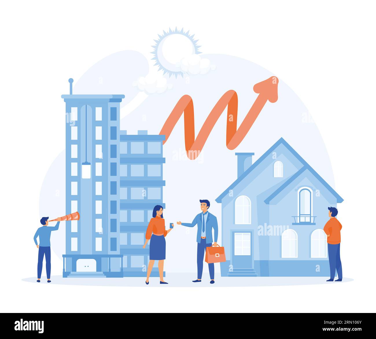 concept d'entreprise immobilier. croissance du marché immobilier, présentation d'une maison. illustration moderne vectorielle plate Illustration de Vecteur
