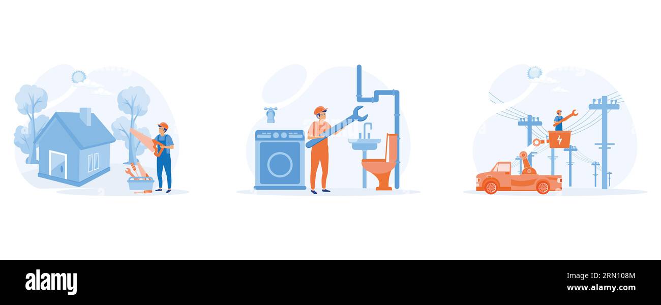 Concept de rénovation domiciliaire. Charpentier, plombier et électricien services, ensemble de vecteur plat illustration moderne Illustration de Vecteur