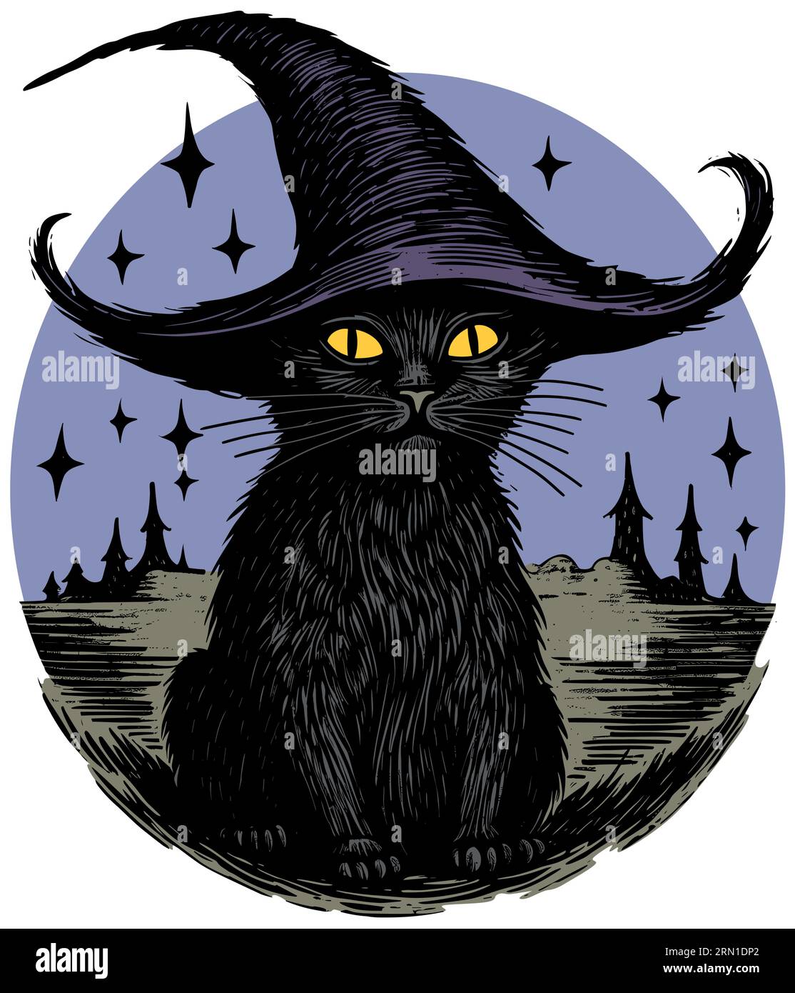 Illustration de dessin animé de chat noir portant le chapeau magique de sorcières. Illustration de Vecteur