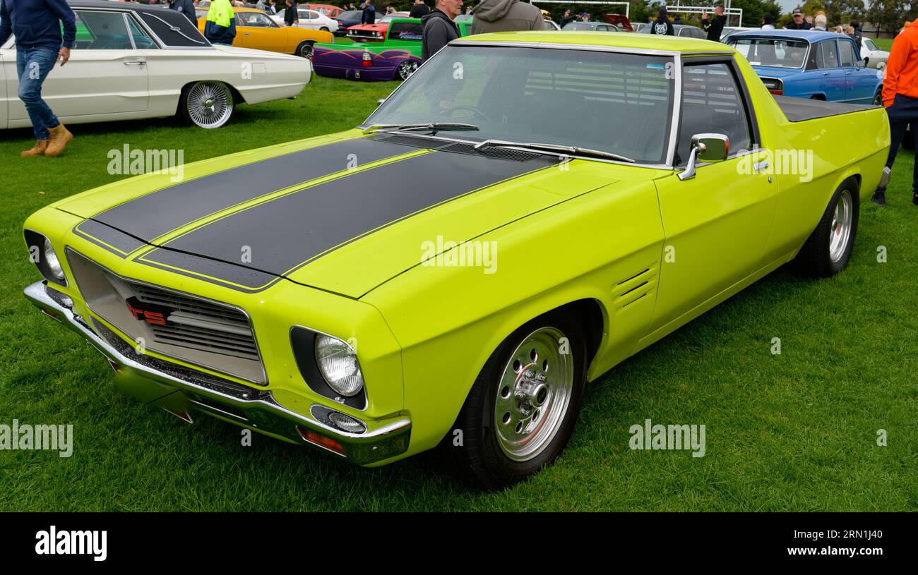 Holden Kingswood HQ GTS Ute Vert jaune Noir rayures voiture GM Vintage Retro Show Shine Day Out, Melbourne Victoria Banque D'Images