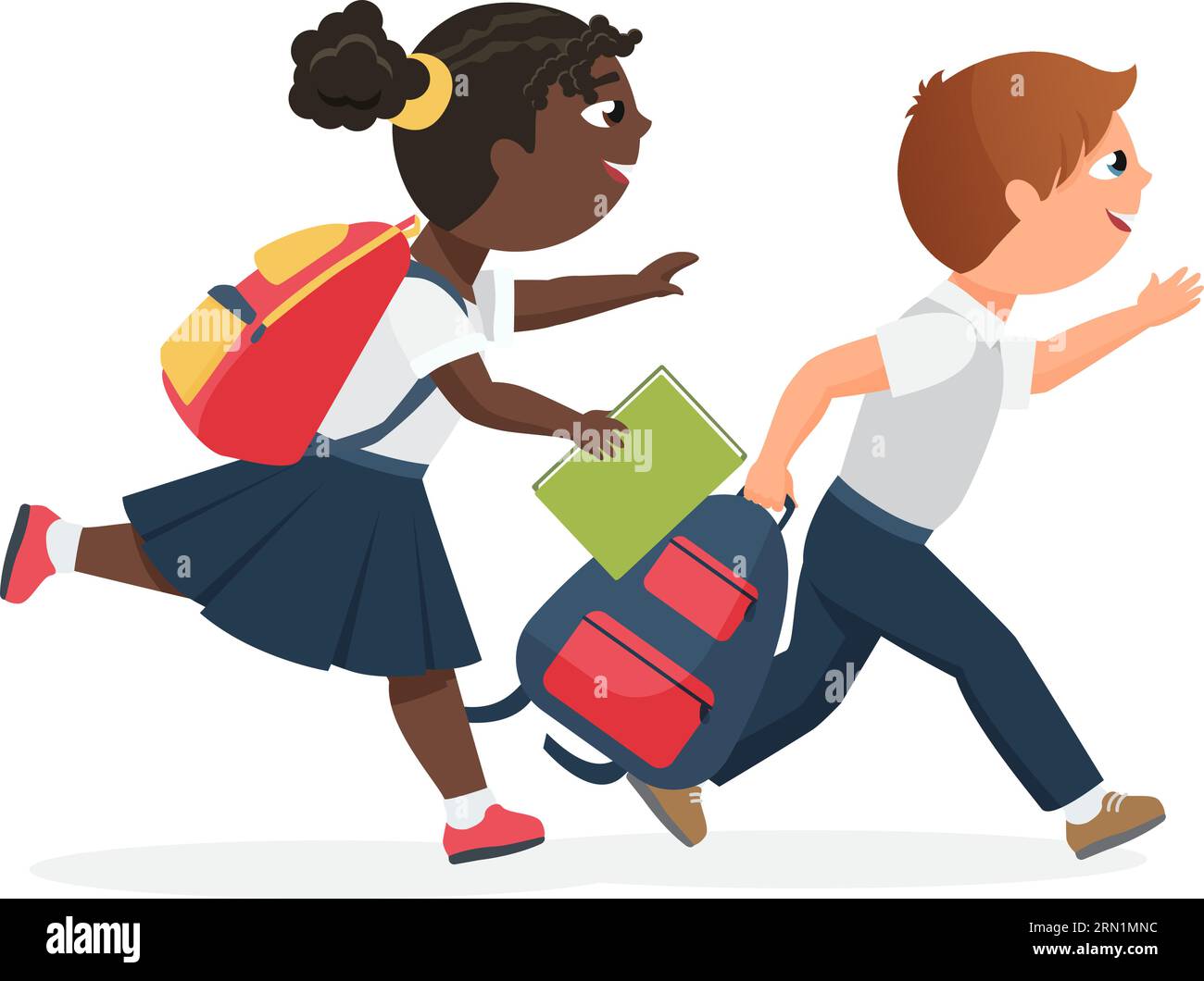 Courir les élèves de l'école avec des sacs à dos. La vie scolaire, les étudiants en uniforme dans une illustration vectorielle de dessin animé pressé Illustration de Vecteur