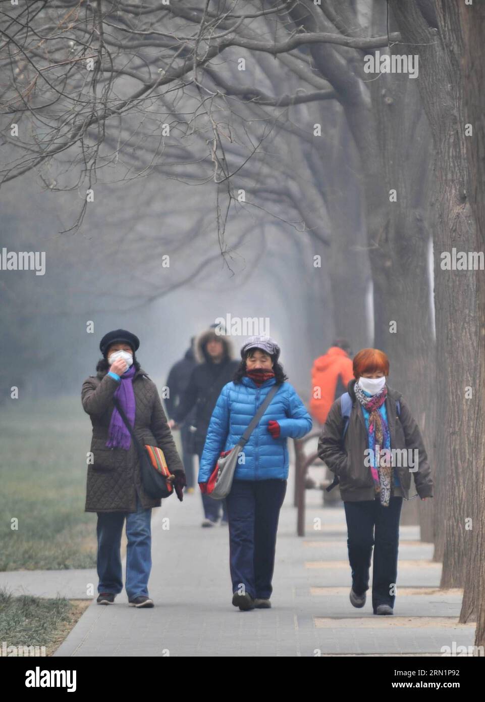 (150115) -- BEIJING, 15 janvier 2015 -- les gens portent des masques faciaux lors de leur visite au Parc du Temple du ciel à Beijing, capitale de la Chine, le 15 janvier 2015. La neige légère de mercredi n'a pas aidé à atténuer le smog persistant à Beijing. L'indice de qualité de l'air (IQA) lu à 12 heures jeudi était de 366, ce qui indique un air très malsain, selon le Centre municipal de surveillance de l'environnement de Beijing. (rpf/lmm) CHINA-BEIJING-AIR POLLUTION-SMOG (CN) LixWen PUBLICATIONxNOTxINxCHN Beijing janvier 15 2015 les célébrités portent des masques faciaux lors de leur visite au Parc du Temple du ciel à Beijing capitale de la Chine janvier 15 Banque D'Images
