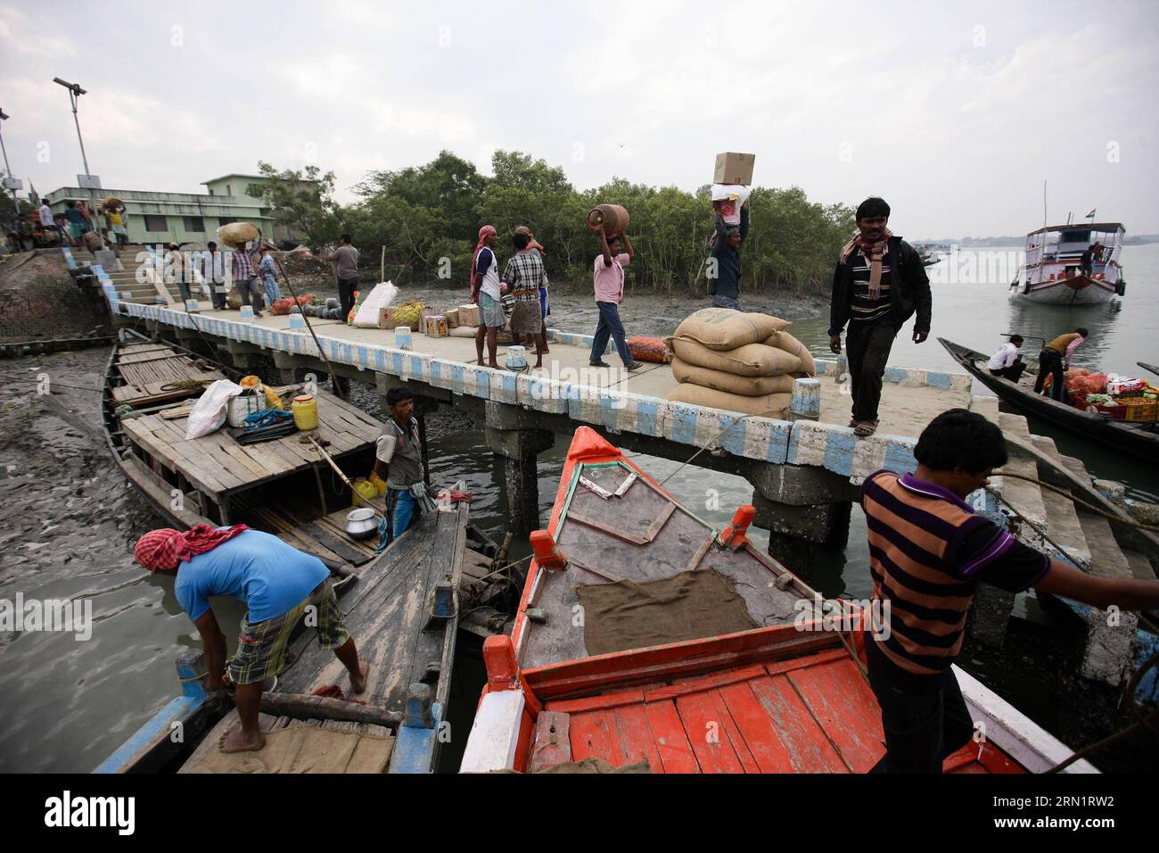 La population locale est occupée dans un petit port de la région de Sunderbans, dans le delta du Gange, au Bengale occidental, en Inde, le 17 janvier 2015. Le delta du Gange est un delta fluvial de la région du Bengale en Asie du Sud, composé du Bangladesh et de l'État du Bengale occidental, en Inde. C'est le plus grand delta du monde. Classée au patrimoine mondial de l'UNESCO, la région de Sunderbans en Inde abrite de nombreuses forêts de mangroves et animaux. La population locale vit de la pêche, de l'agriculture et utilise les bateaux de ferry pour se déplacer. Beaucoup de villages utilisent l'énergie solaire en raison du manque d'approvisionnement normal en électricité.) (LMZ) INDE-DELTA DU GANGE-VIE QUOTIDIENNE ZHENGXHUANSONG PUBLICATIO Banque D'Images