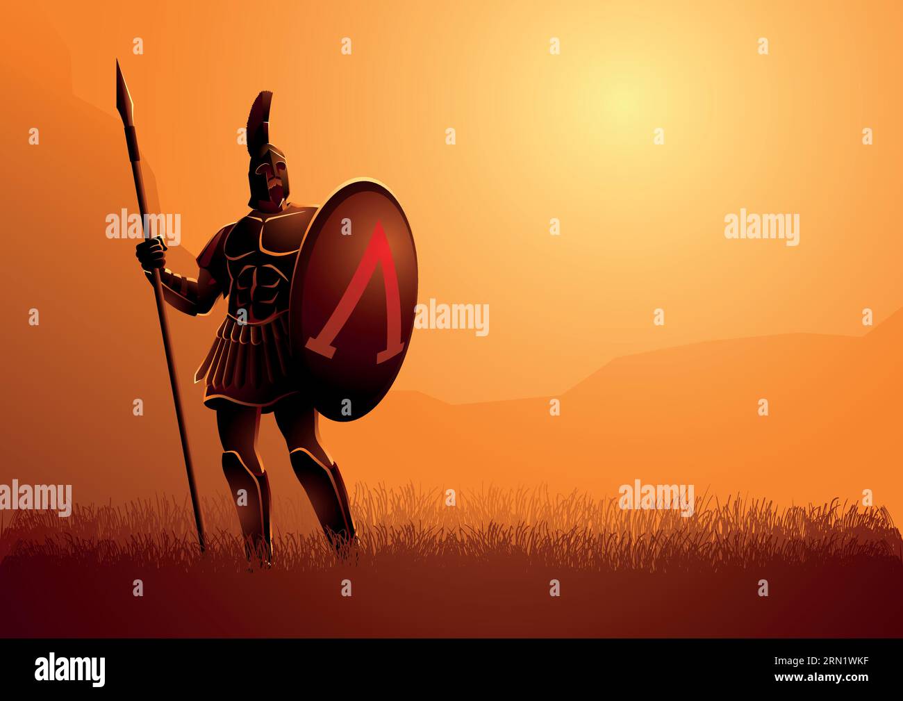 Illustration vectorielle d'un ancien guerrier avec son bouclier et sa lance en se tenant de façon galante sur le terrain Illustration de Vecteur