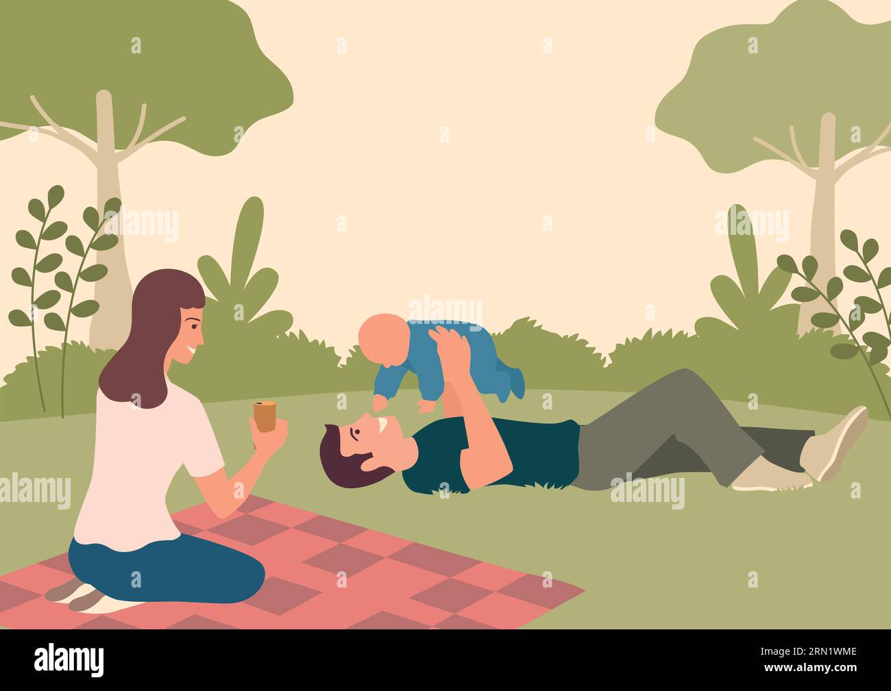 Illustration vectorielle plate simple de famille heureuse jouant avec leur bébé dans le parc Illustration de Vecteur