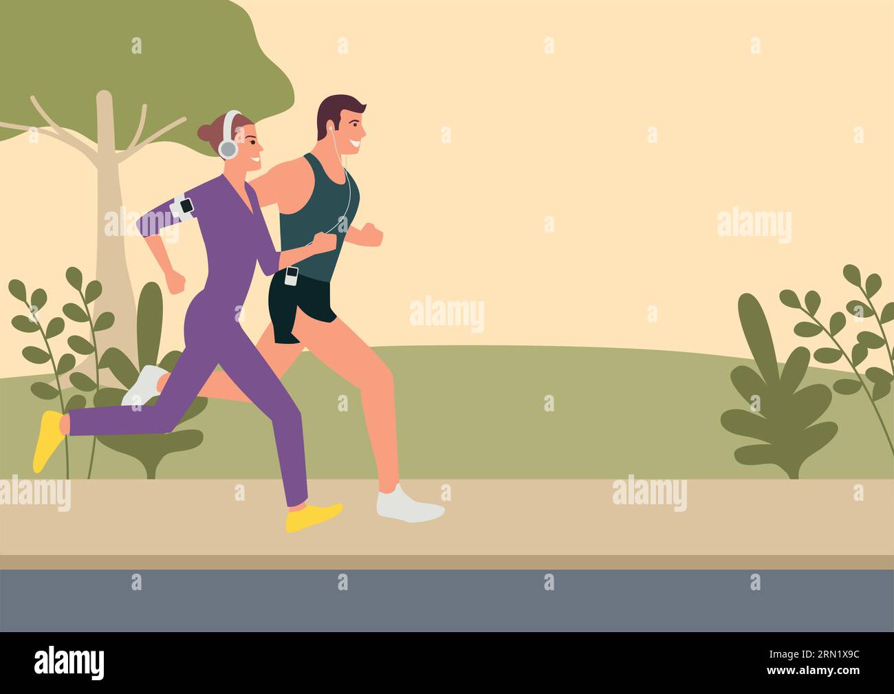 Illustration vectorielle plate simple du jogging de couple et de la course à l'extérieur dans le parc Illustration de Vecteur