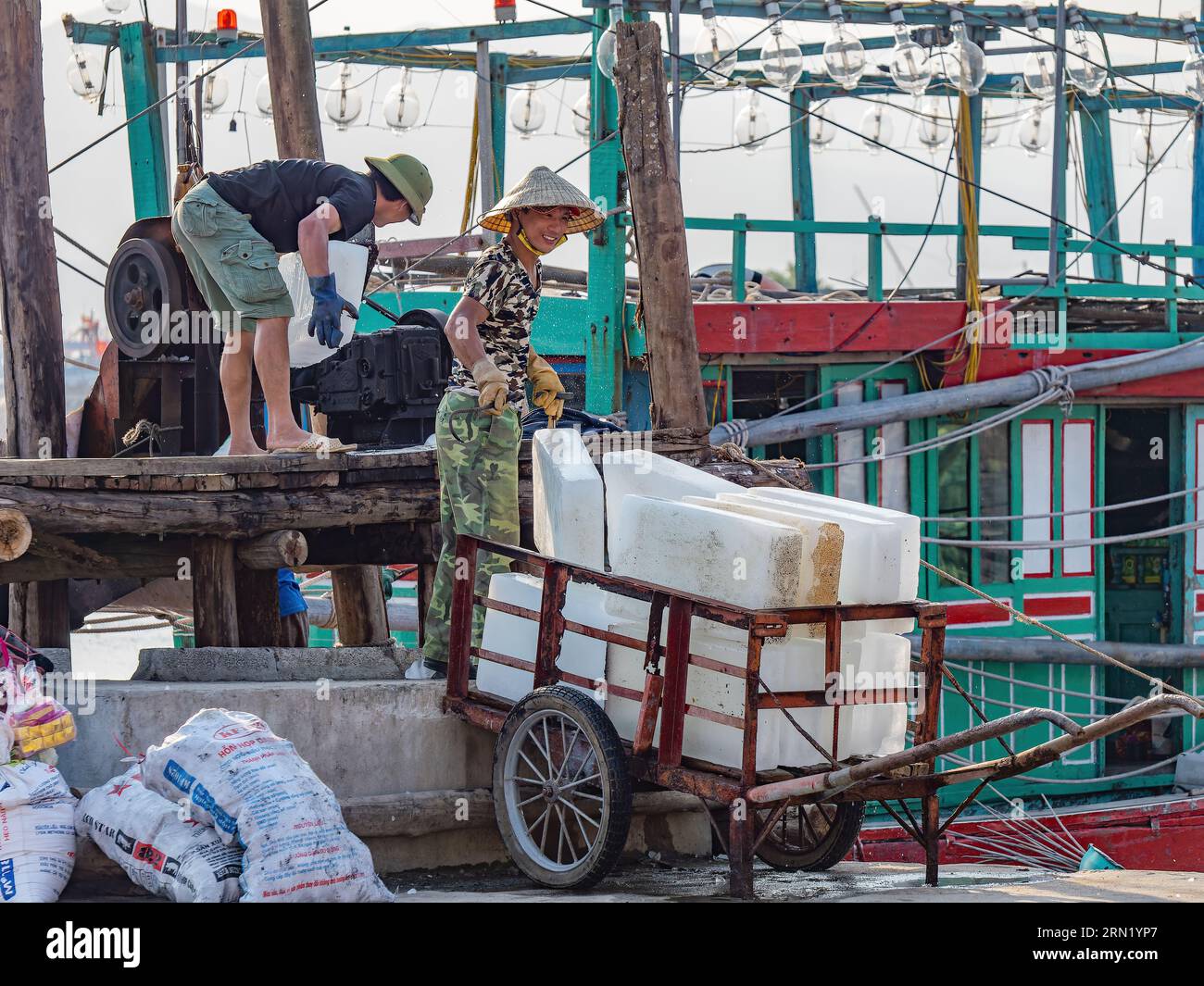 Des blocs de glace sont introduits dans un concasseur lors de la livraison à des bateaux de pêche à Hai Thanh, un village de pêcheurs dans la province de Thanh Hoa au Vietnam. Banque D'Images