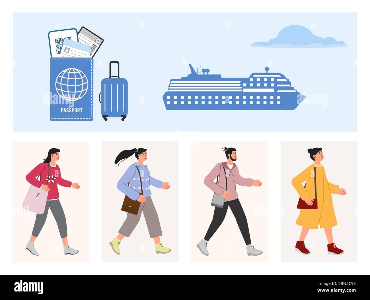 Touristes croisière bateau vacances été croisière Mer Voyage concept. Homme Femme aventure Tourisme bagages Passeport transport concept. Nous Illustration de Vecteur