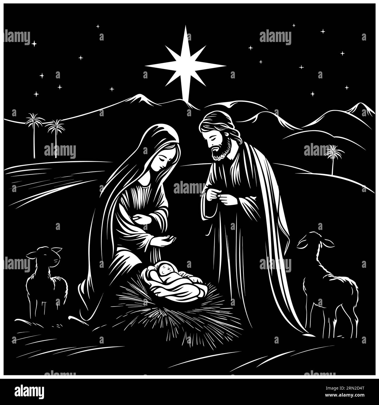 Illustration en noir et blanc de la scène de la nativité. Illustration de Vecteur