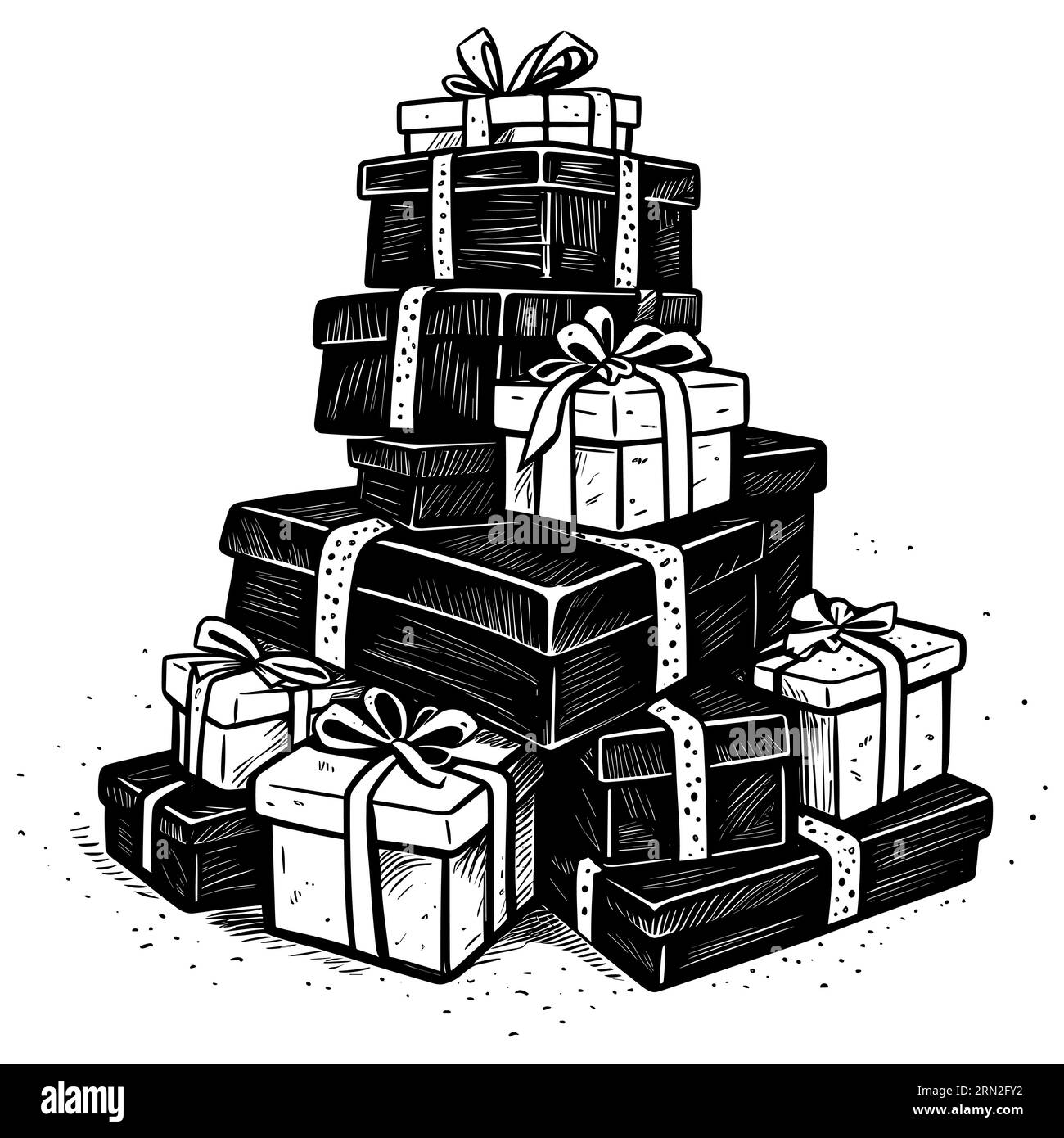 Illustration de style gravure sur bois d'une pile de boîtes cadeaux. Illustration de Vecteur