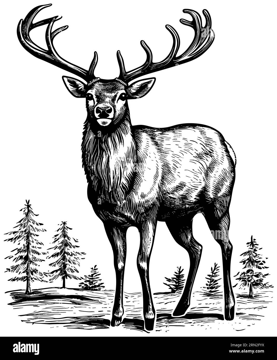 Illustration de style Linocut de renne dans la forêt. Illustration de Vecteur