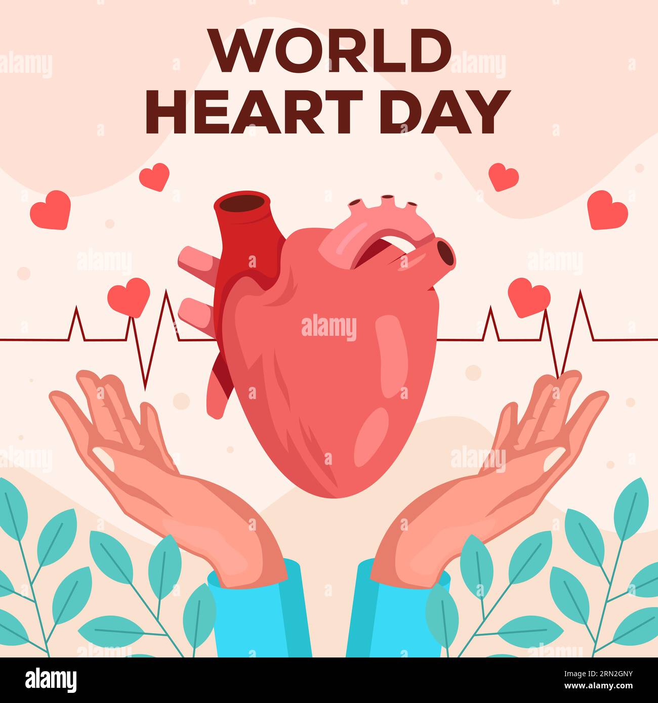 Dessin vectoriel plat illustration de la Journée mondiale du cœur avec organe cardiaque et deux mains Illustration de Vecteur